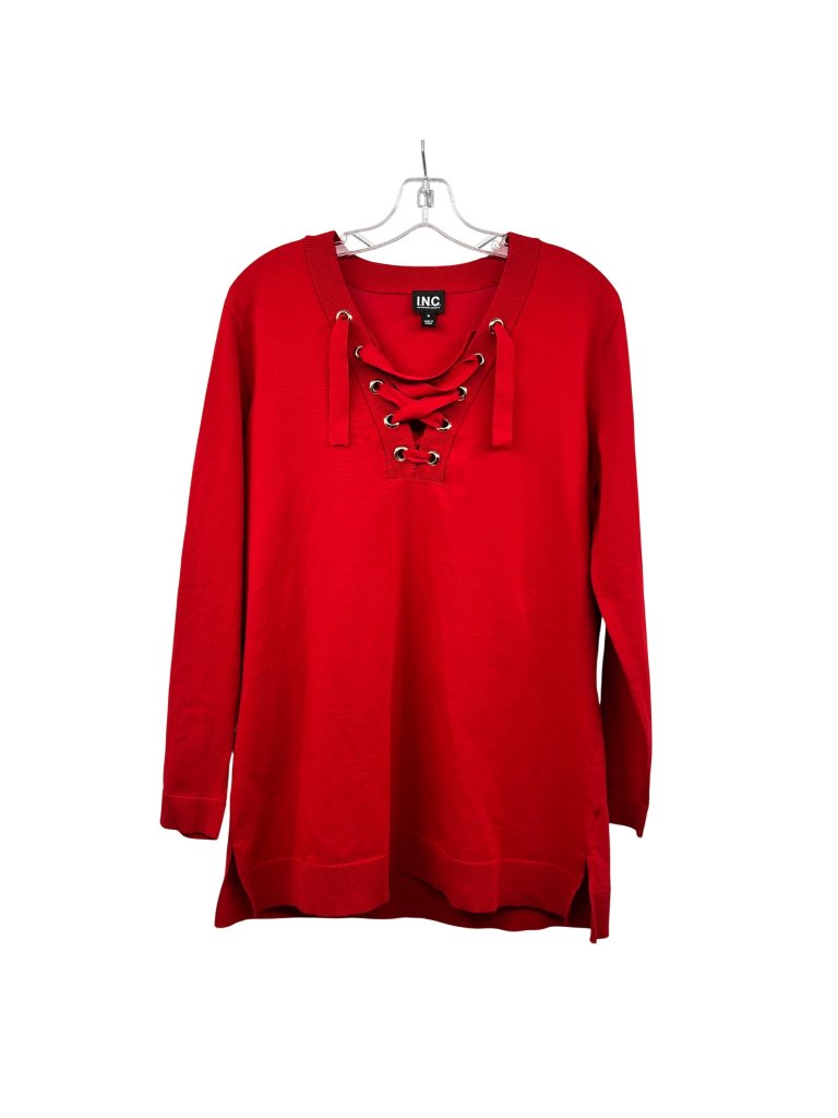 Inc International Concepts Lightweight Sweater Lace Up Neck Red Size Medium